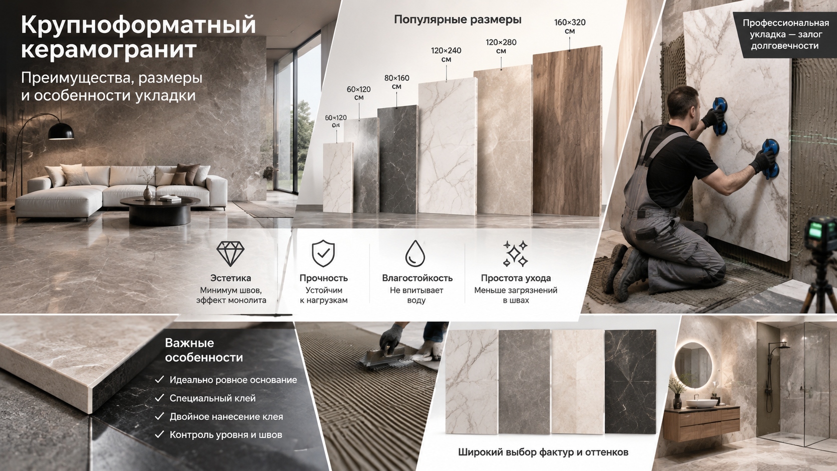 Крупноформатный керамогранит: преимущества, размеры и особенности укладки
